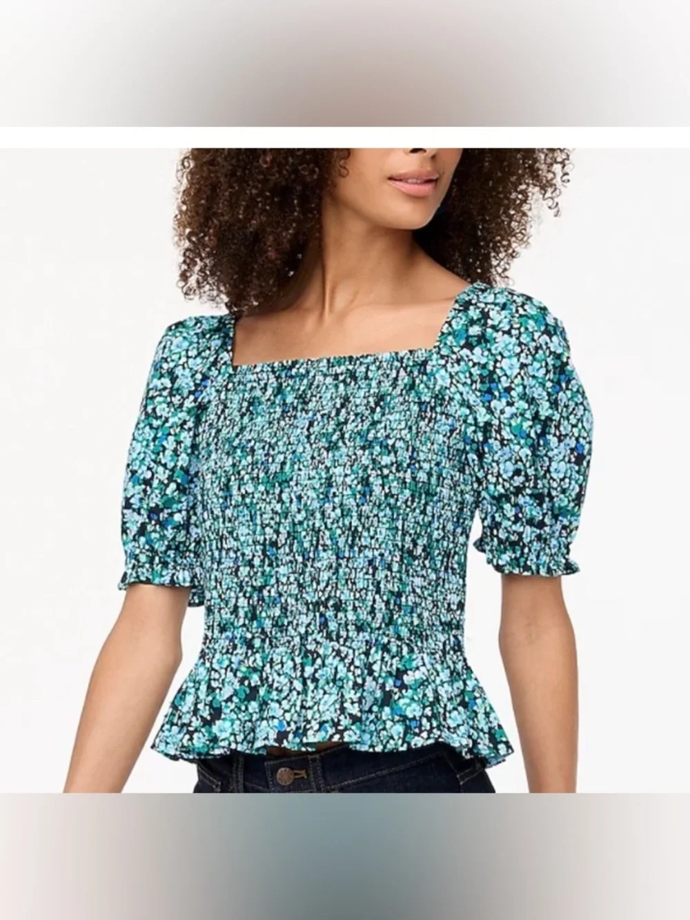 J. Crew Teal and Black Floral Smocked Peplum Blouse